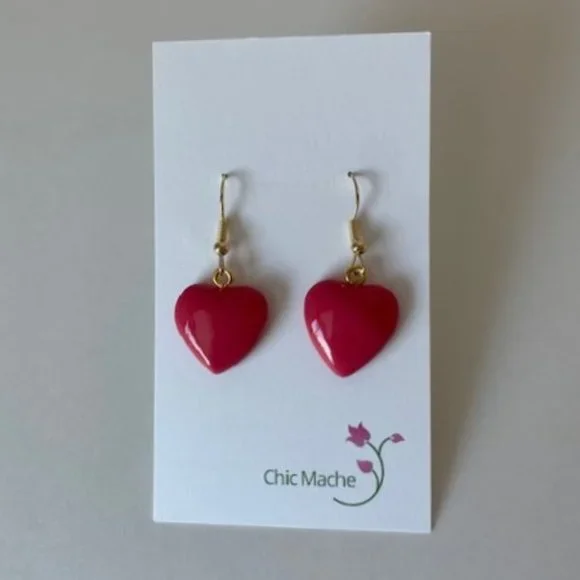 Melon Red Heart Earrings - Handmade with Paper Mache - Picture 4 of 4